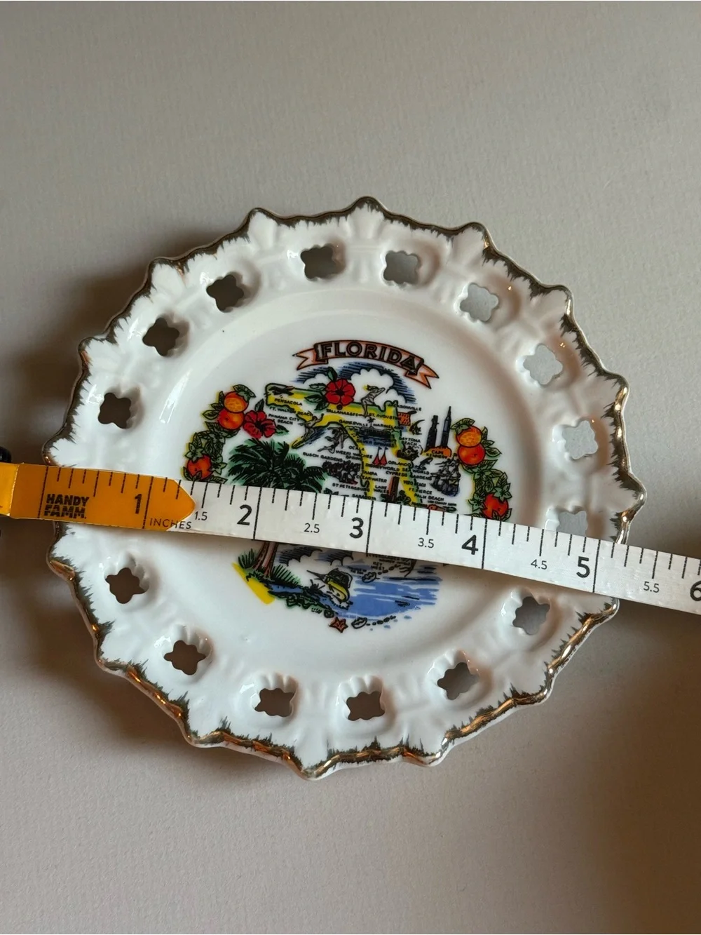 Vintage Florida Decorative‎ Porcelain Hanging Plate with Gold Trim